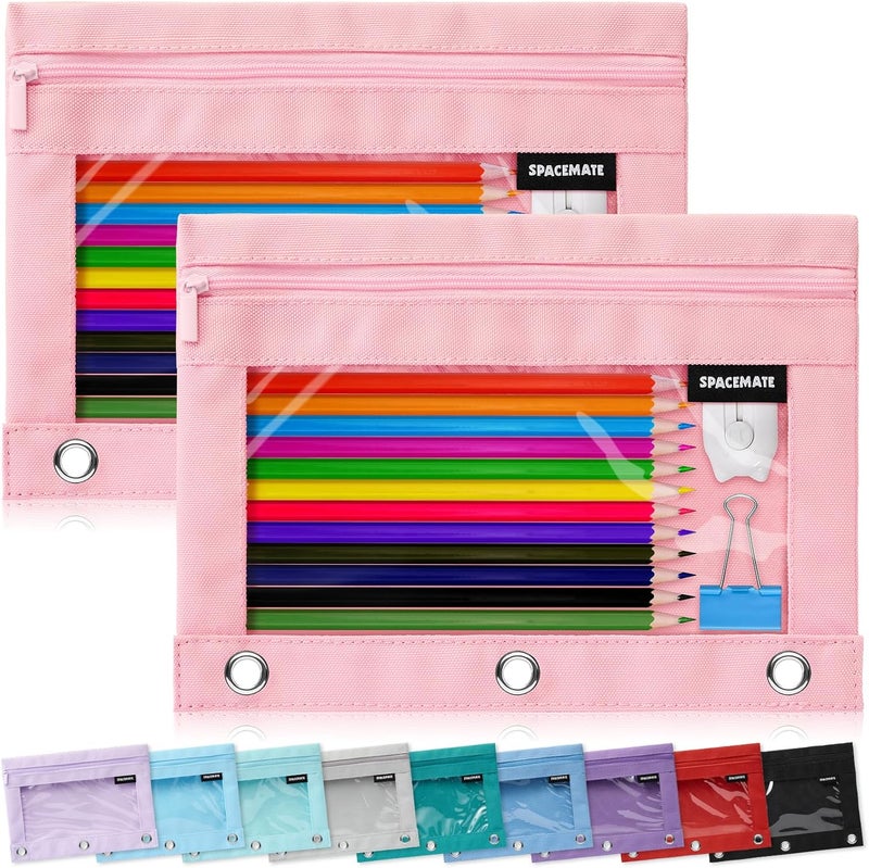 SPACEMATE 2 Pack Binder Pencil Pouch Case Box Bag for 3 Ring Binder School Supplies Girls Boys Kids, Clear Preppy Stuff Large Aesthetic Pen Organizer, Back to College Stationary, Light Pink - Image 1
